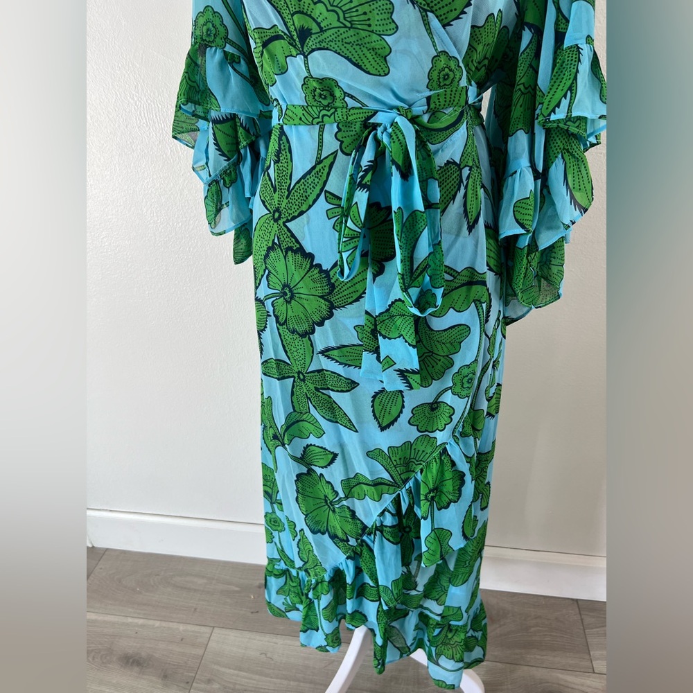 CAbi Derby Dress Light Blue & Green Flutter Sleeve True Wrap Midi Dress Small - Picture 6 of 11